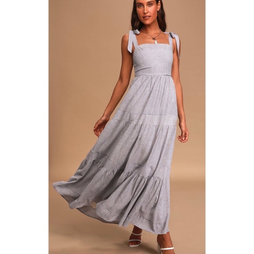 Lulu’s Golden Days Blue Striped Tie-Strap Maxi Dress - Picture 1 of 16